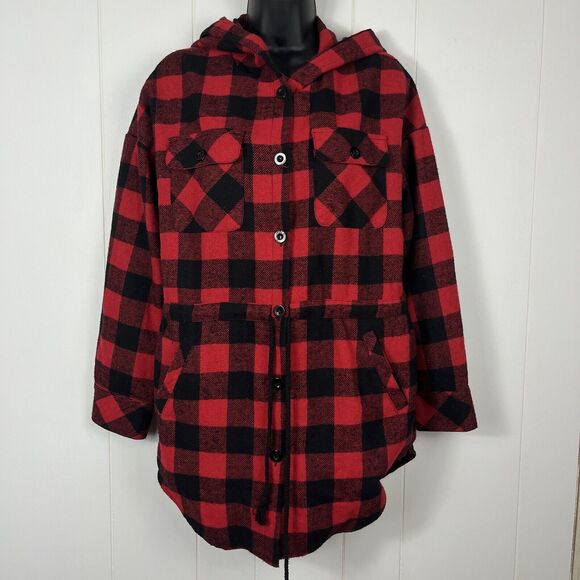 Ellison Women Buffalo Plaid Shacket Jacket Small Hood Red Black Button Western - Picture 1 of 9